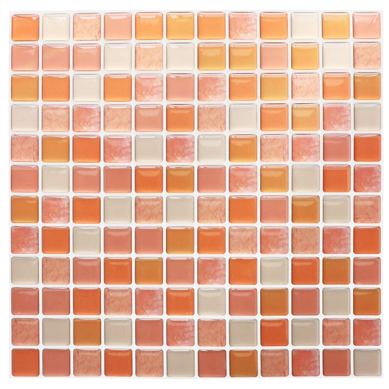 Yoillione 3D Mosaic Tile Sticker Removable Wallpaper Tile Orange, 3D Self Adhesive Wall Tiles Bathroom Wall Tiles for Kitchen Backsplash Orange, PVC Square Decorative Vinyl Decals, 4 Sheets - Image 1